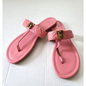 Kurt Geiger London Brixton T-Bar Slide Sandals Sz 38.5 Pink Lock Charm NWOB